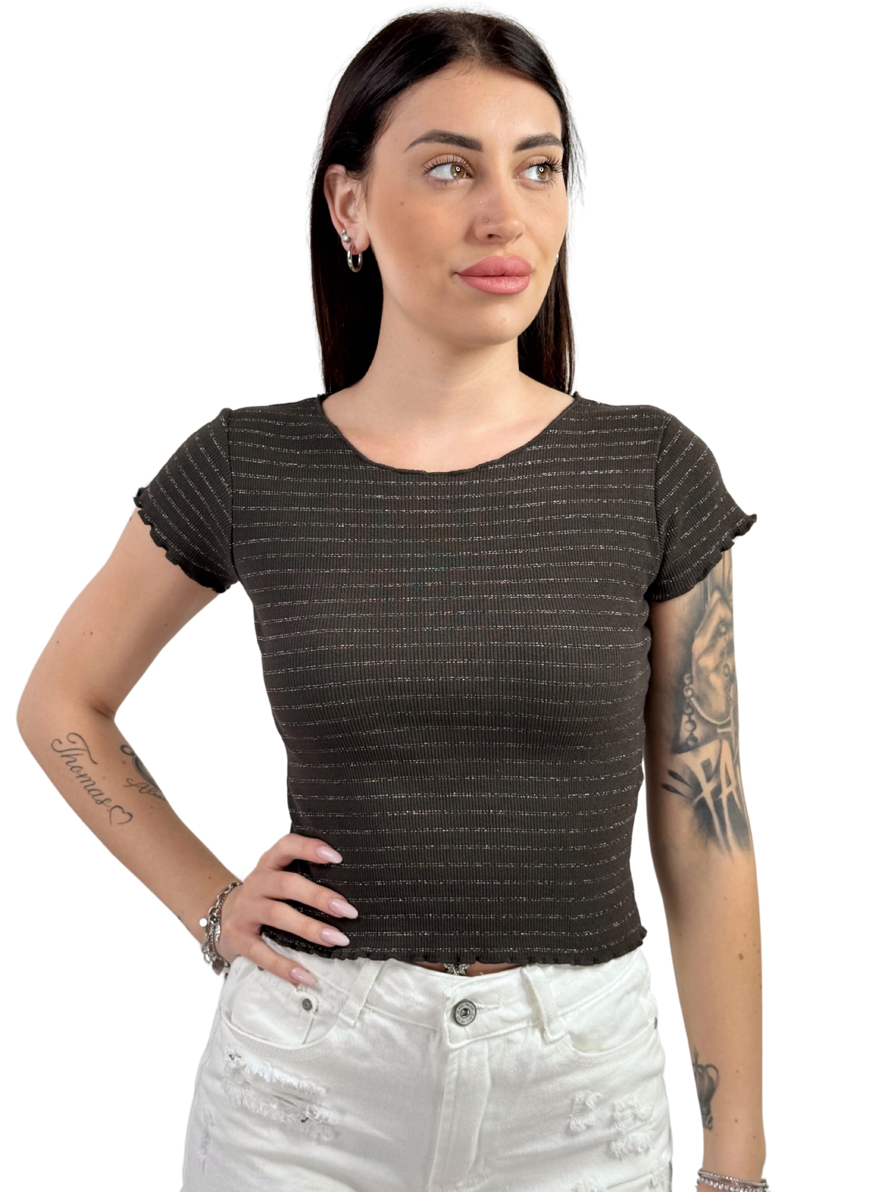 T-shirt crop a costine rigata con lurex-Pink Babol