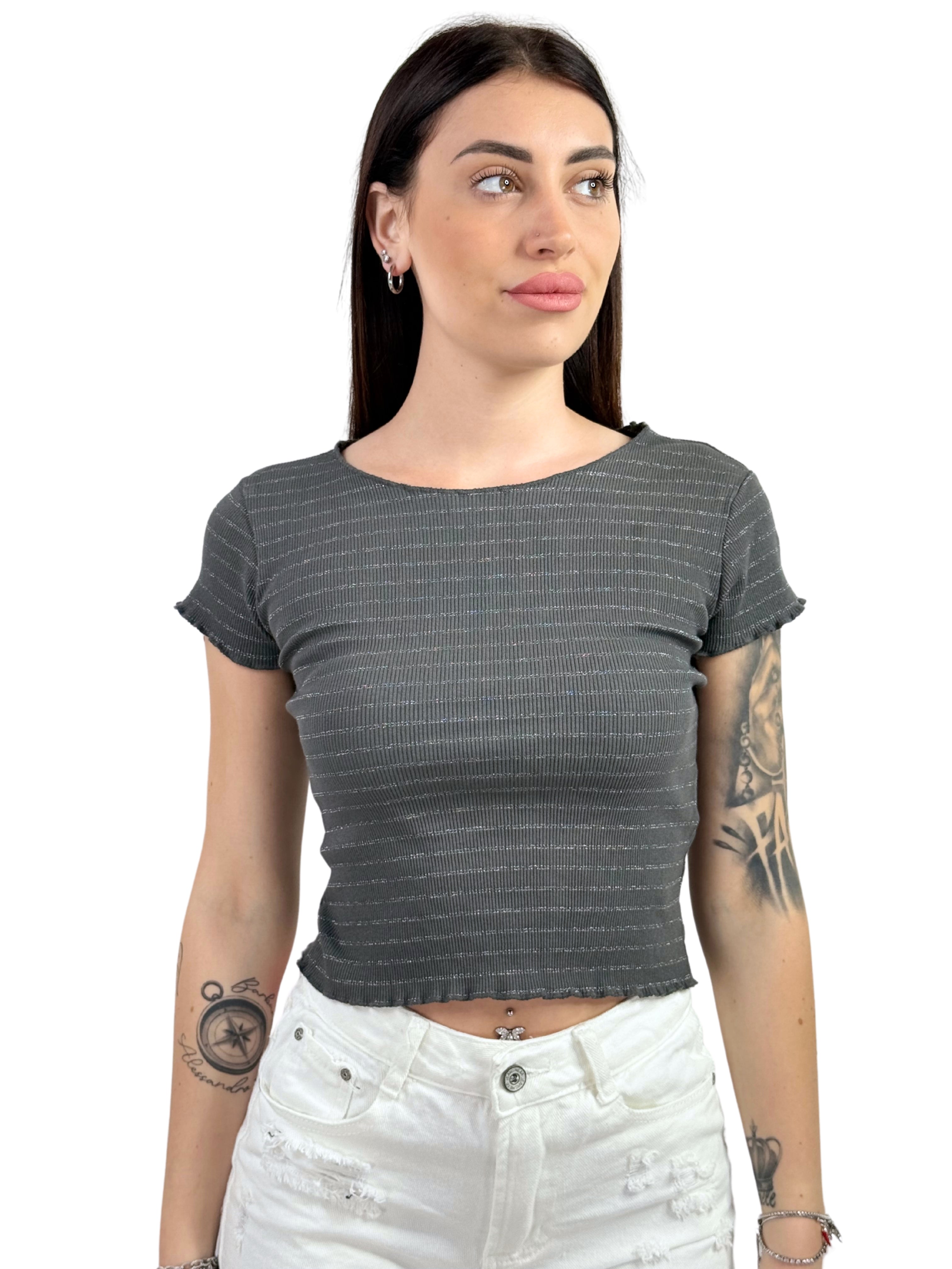 T-shirt crop a costine rigata con lurex-Pink Babol