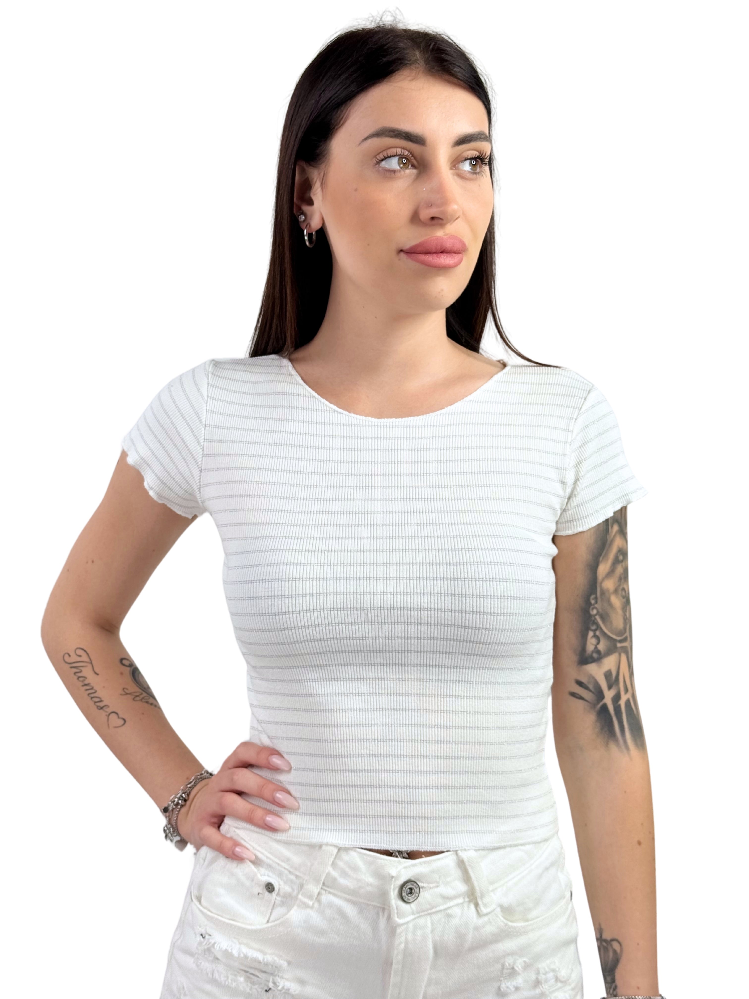 T-shirt crop a costine rigata con lurex-Pink Babol