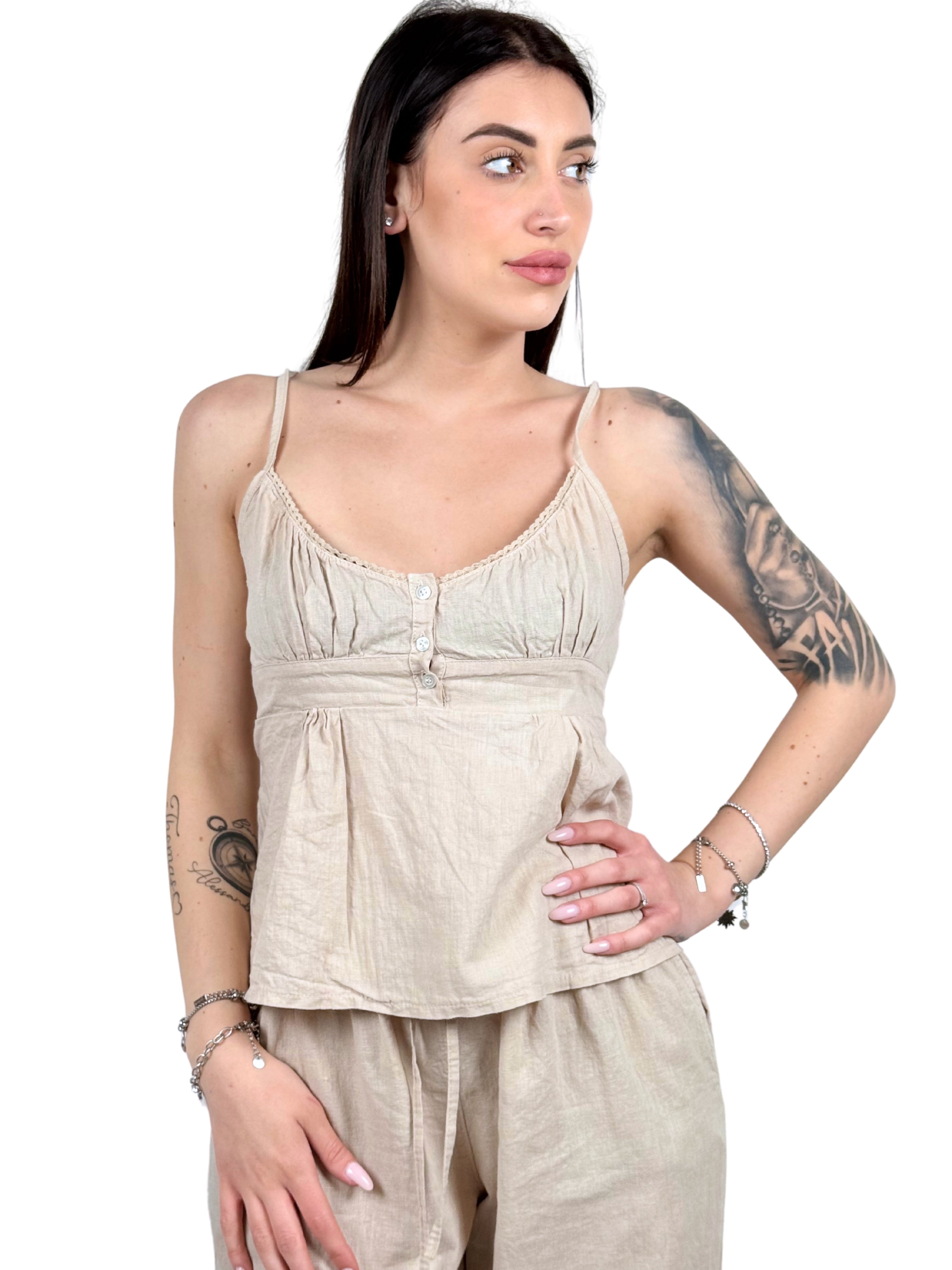 Top in misto lino con fiocco sulla schiena-Pink Babol