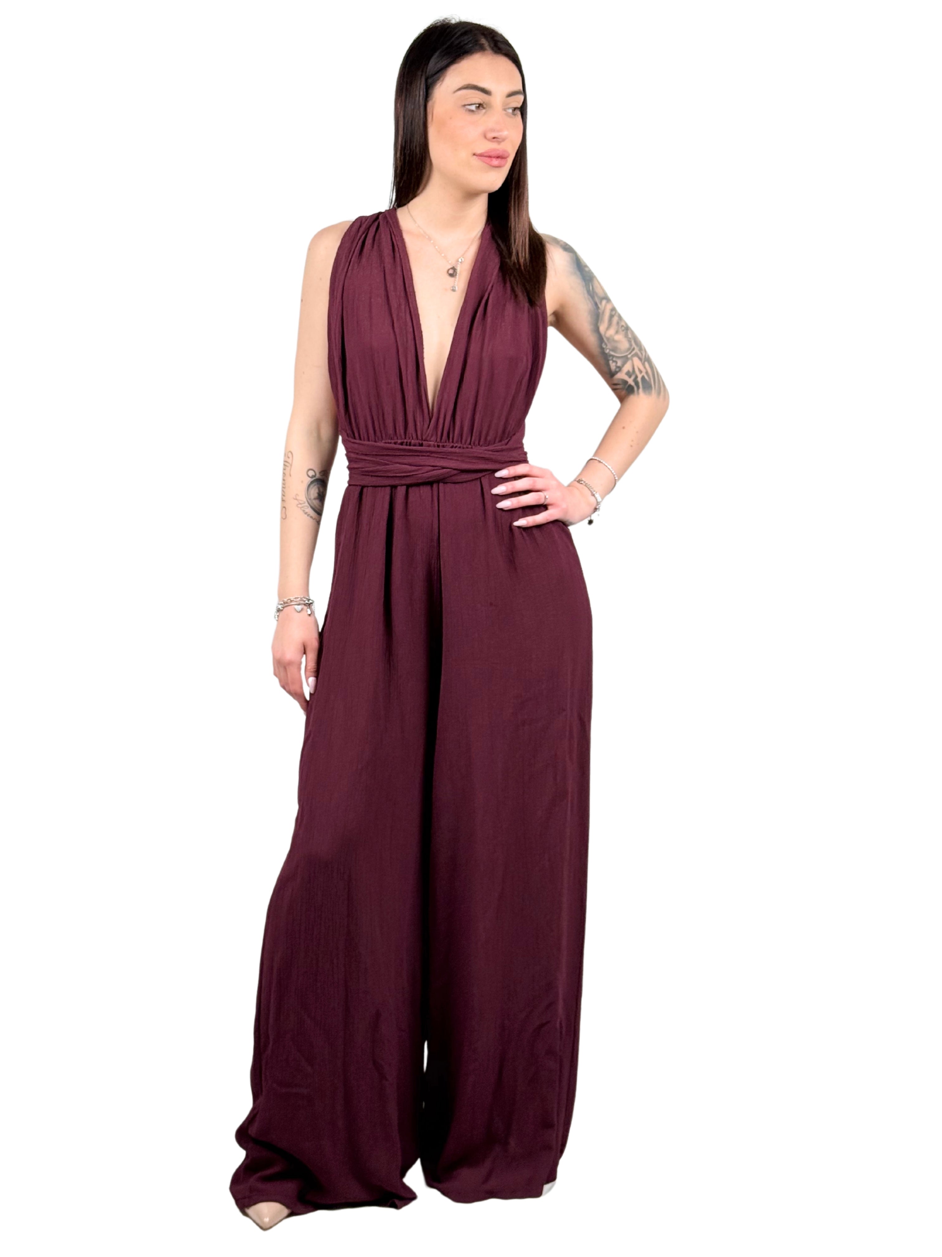 Tuta lunga elegante con scollo profondo e schiena scoperta-Pink Babol